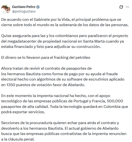 El expresidente acusó a Abelardo de la Espriella de trabajar para regresar el contrato de pasaportes a Thomas Greg & Sons - crédito @petrogustavo/X