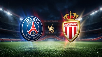 Escudos del Paris Saint-Germain y del AS Mónaco separados por las letras VS doradas en un estadio de fútbol de noche.