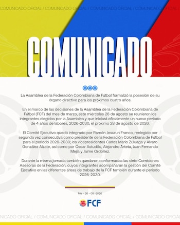 Tras la asamblea del 26 de agosto 2026, el Comité Ejecutivo de la Federación Colombiana de Fútbol tomó posesión y ratificó la elección de Ramón Jesurún - crédito FCF