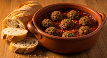 Cazuela de barro con siete albóndigas de lenteja y avena en salsa roja, acompañada de un trozo de pan y rebanadas sobre una mesa de madera.