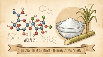 Ilustración de la estructura molecular de sucralosa, un tazón con edulcorante granulado blanco, y cañas de azúcar en un fondo vintage.