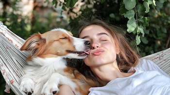 Perro lamiendo a su dueña.