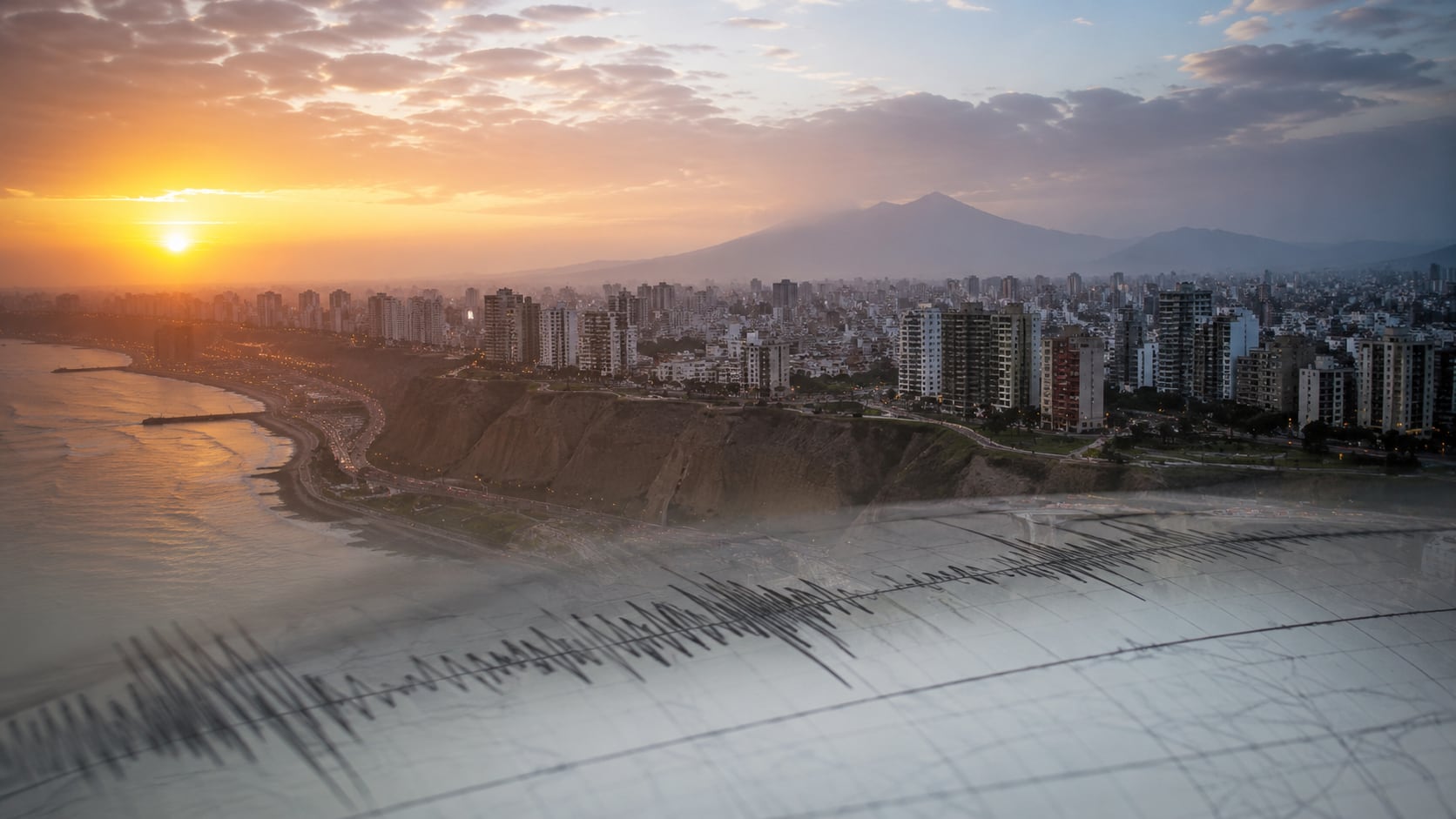 Un sismógrafo se superpone a una vista panorámica de la ciudad costera de Lima, Perú, bajo un atardecer que ilustra la constante actividad sísmica en la región. (Imagen Ilustrativa Infobae)