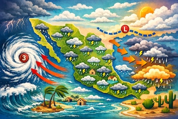 Mapa de México, huracán con número 3 sobre el Pacífico, nubes de lluvia y relámpagos, flechas de viento, casas costeras, palmeras, cactus y sol.
