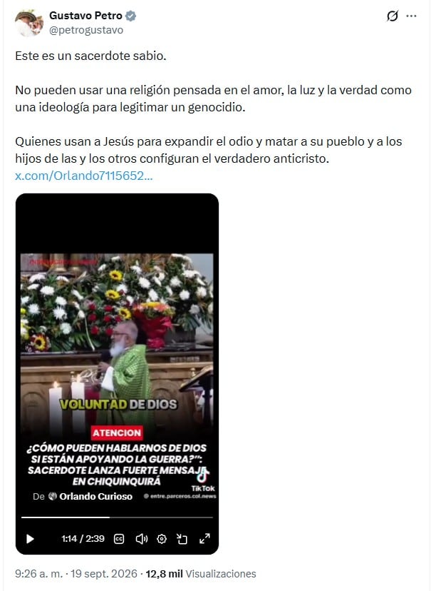 Petro compartió un fragmento del sermón del religioso desde su cuenta de X la mañana del sábado 19 de septiembre de 2026 - crédito @petrogustavo/X