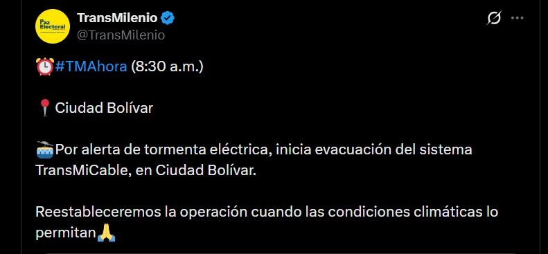 Este fue el anuncio de TransMilenio sobre la detención del TransMiCable en Ciudad Bolívar por tormenta eléctrica - crédito @TransMilenio/X