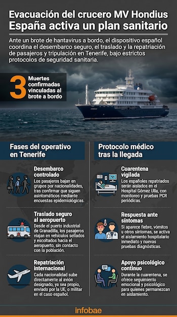 Infografía detallando el plan español para la evacuación del crucero MV Hondius. Muestra el barco y gráficos de las fases del operativo y protocolo.