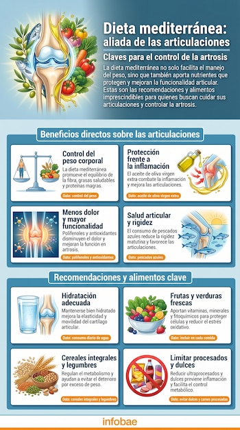 Infografía detallada sobre la dieta mediterránea y sus beneficios para las articulaciones, mostrando un hueso, aceite de oliva, frutas, verduras, pescado, cereales y agua.