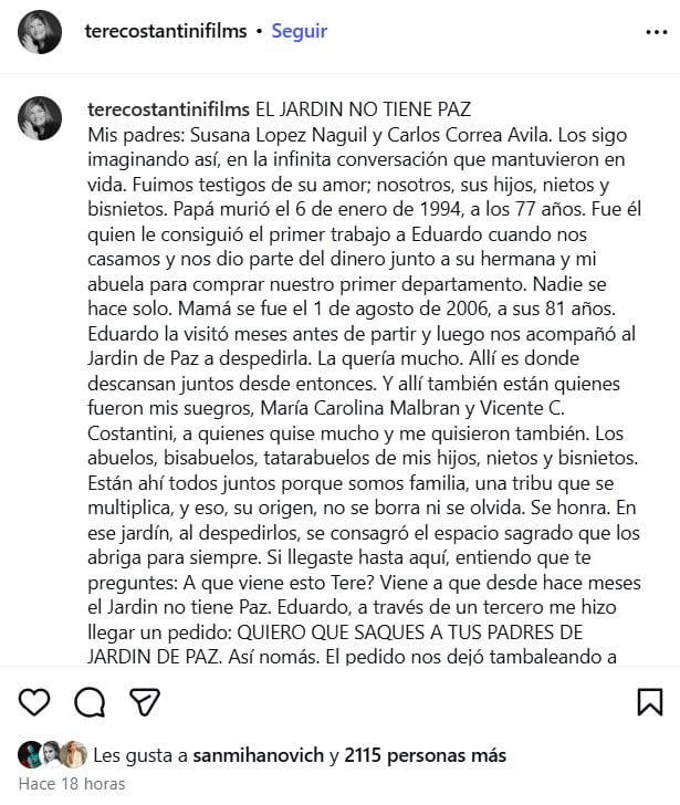 En un extenso posteo de Instagram, Teresa Costantini aseguró que su exmarido, Eduardo, le habría pedido que retire los restos de sus padres del cementario familiar