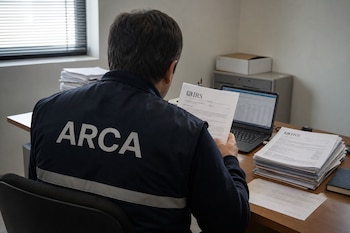 Un hombre de espaldas con vestimenta que dice ARCA sostiene un documento del IRS frente a un escritorio con computadora y papeles.