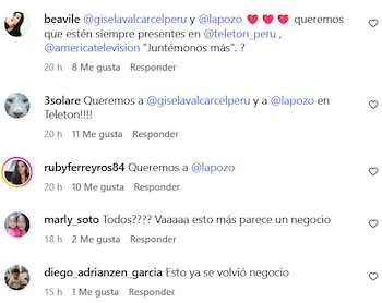 Cinco comentarios de usuarios en una plataforma digital, cada uno con foto de perfil y texto. Muestran opiniones sobre Teletón y personalidades