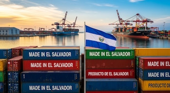 Contenedores apilados en un puerto, muchos con "Made in El Salvador", la bandera de El Salvador ondeando y el Puerto de Acajutla con barcos y grúas al atardecer.