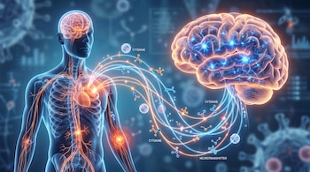 Ilustración científica de un cuerpo humano transparente y un cerebro con redes luminosas. Moléculas como citoquinas y neurotransmisores fluyen entre ellos.
