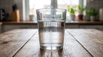 Vaso de cristal con agua sobre una mesa de madera. Al fondo se observa una cocina borrosa con una ventana que ilumina la escena.