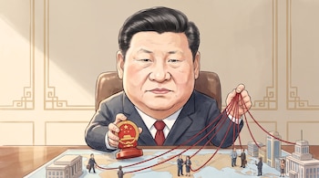 Caricatura de Xi Jinping con traje oscuro, corbata roja, un sello del Partido Comunista Chino y hilos rojos que conectan figuras y edificios en un mapa.