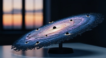 Maqueta tridimensional de la galaxia Vía Láctea sobre una mesa, con varios agujeros negros representados en diferentes posiciones del disco galáctico y una ventana al fondo.