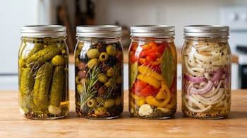 Cuatro frascos de vidrio sellados, con pepinillos, aceitunas mixtas, pimientos rojos y amarillos, y cebolla en rodajas, sobre una mesa de madera clara.