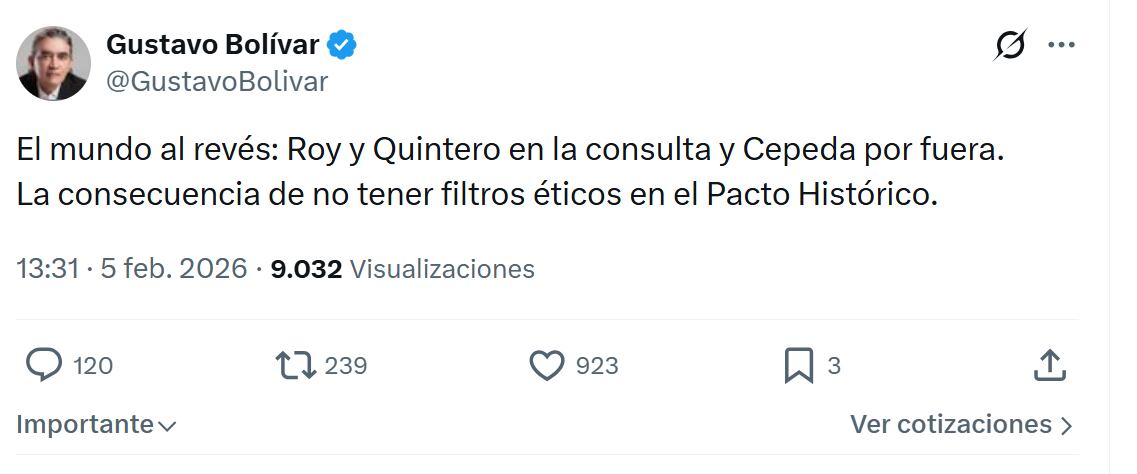 Con este mensaje, el exprecandidato presidencial Gustavo Bolívar se refirió la decisión del CNE con el exalcalde Daniel Quintero - crédito @GustavoBolivar/X
