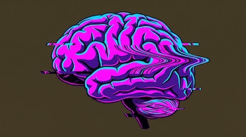 Ilustración de un cerebro humano de perfil en colores magenta y cian con distorsión de líneas horizontales sobre fondo oscuro.