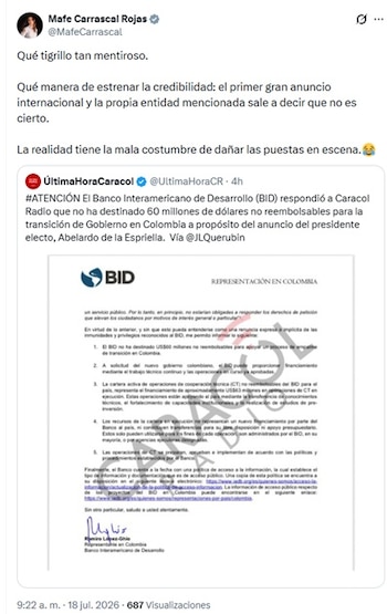 Carrascal calificó a De la Espriella como "tigrillo mentiroso" - crédito @MafeCarrascal/X