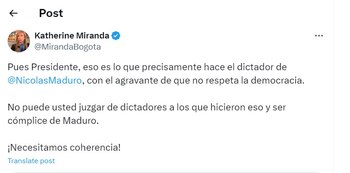 Katherine Miranda arremete en contra de Gustavo Petro - crédito @MirandaBogota