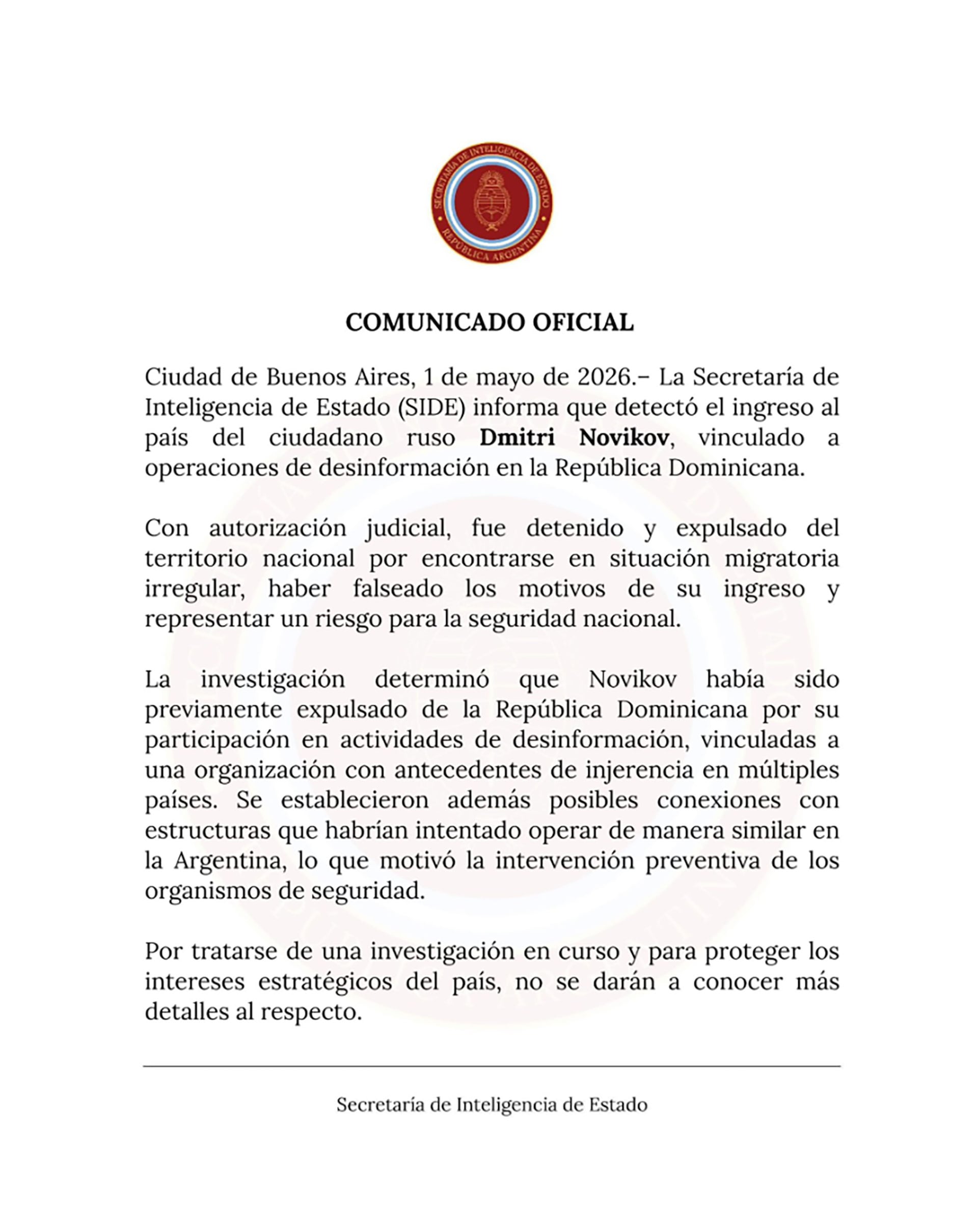 El comunicado de la SIDE sobre el caso Novikov