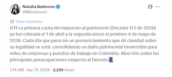 El gremio señaló que los argumentos utilizados para justificar el impuesto ya habrían sido analizados previamente por la Corte Constitucional en decisiones recientes - crédito @NGutierrezJ/X