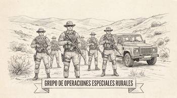 Dibujo lineal monocromático de cinco soldados del Grupo de Operaciones Especiales Rurales con sombreros y equipo táctico, junto a un vehículo 4x4 en un paisaje montañoso.