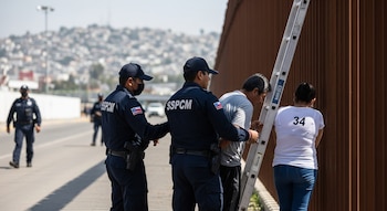 Dos agentes de policía uniformados detienen a un hombre y una mujer junto a una escalera metálica apoyada en un muro fronterizo marrón, con un paisaje urbano de fondo.