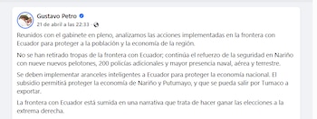El presidente Gustavo Petro aseguró que Colombia no ha retirado sus tropas de la frontera con Ecuador - crédito Gustavo Petro/Facebook