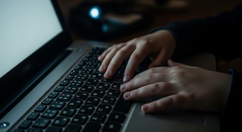 Primer plano de manos de un niño sobre el teclado de un ordenador portátil en una habitación oscura, con la pantalla brillante iluminando ligeramente.
