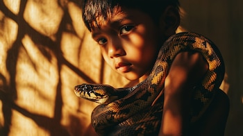 Un niño camboyano sostiene con