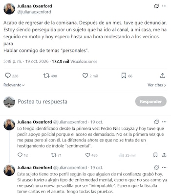 Captura de pantalla de tres publicaciones consecutivas en la red social X pertenecientes a la cuenta de Juliana Oxenford