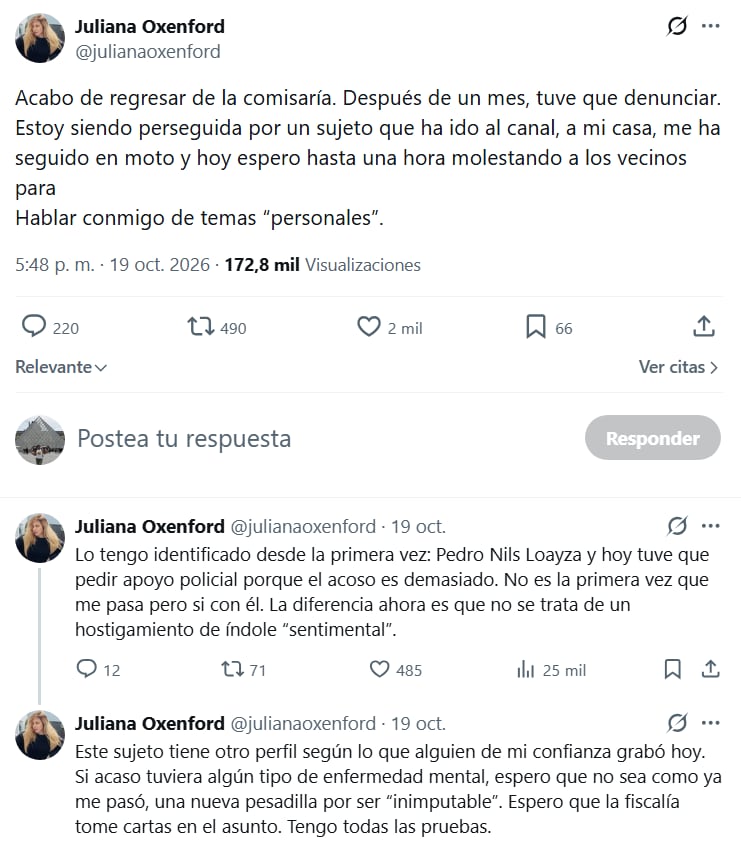 La periodista peruana Juliana Oxenford expone en la red social X su denuncia policial contra Pedro Nils Loayza por hostigamiento continuo.