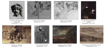 Ocho imágenes de obras de arte, incluyendo retratos, estudios de ballet, paisajes y escenas con caballos, con títulos y dimensiones debajo de cada una