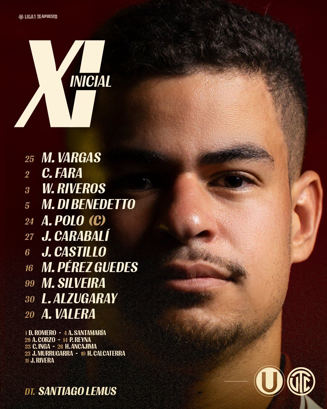 Alineación de Universitario para enfrentar a UTC por la fecha 7° del Apertura 2026. - Crédito: @Universitario