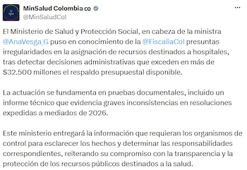 El Ministerio informó sobre la denuncia y señaló que entregará la documentación que requieran las autoridades para esclarecer las inconsistencias presupuestales. - crédito @MinSaludCol/X