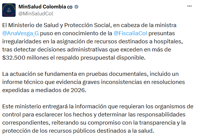 El Ministerio informó sobre la denuncia y señaló que entregará la documentación que requieran las autoridades para esclarecer las inconsistencias presupuestales. - crédito @MinSaludCol/X