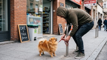 Un hombre con capucha toma la correa roja de un perro pomerania atado a un poste metálico frente a una tienda.