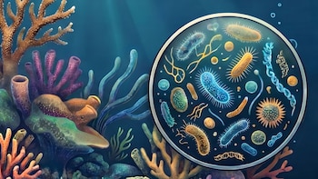 Ilustración de un arrecife de coral colorido bajo el agua con una vista magnificada en círculo que muestra múltiples bacterias y microorganismos de diferentes formas y colores