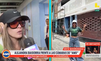 Alejandra Baigorria en una pantalla dividida: a la izquierda, entrevistada con gorra y gafas; a la derecha, con casco de construcción frente a una edificación