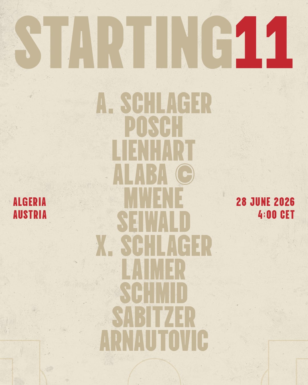 La alineación titular de Austruia para partido. (X/ @oefb1904)