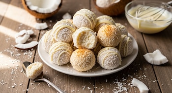 Un plato de bombones de coco, algunos decorados con chocolate blanco y uno mordido. Hay trozos de coco y coco rallado esparcidos sobre una mesa de madera.