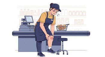Ilustración de una cajera de supermercado con uniforme, de pie frente a la caja registradora, sujetándose la rodilla con una expresión de dolor. Hay un taburete al lado.