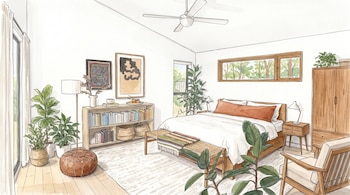 Ilustración en acuarela de un dormitorio con cama matrimonial, plantas en macetas, librería de madera, cuadros y ventilador de techo.