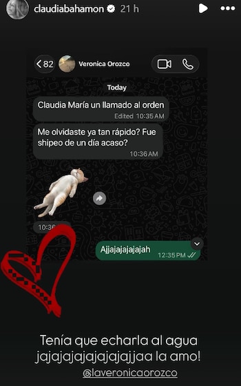 Claudia Bahamón publicó el pantallazo del reclamo que le hizo Verónica Orozco - crédito @claudiabahamon / Instagram