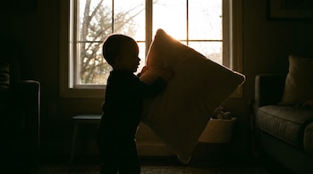 Silueta de un bebé de perfil sosteniendo una almohada grande frente a una ventana iluminada por el sol, con el interior de una habitación oscura al fondo.