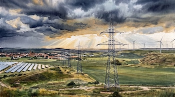 Un paisaje de acuarela con un pueblo, campos verdes, paneles solares, torres eléctricas y aerogeneradores bajo un cielo nublado con rayos de luz.