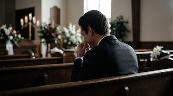Hombre de traje oscuro sentado de espaldas en un banco de madera dentro de una capilla con arreglos florales y velas al fondo.