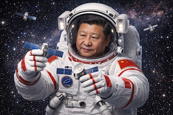 Primer plano de Xi Jinping vestido con un traje espacial blanco y rojo, sujetando dos satélites en miniatura, con un fondo de estrellas.